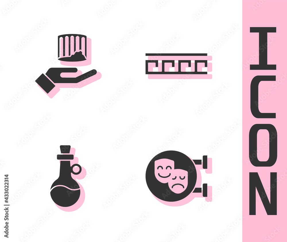 Set Comedy and tragedy masks, Ancient column, Bottle of olive oil and Greek pattern icon. Vector