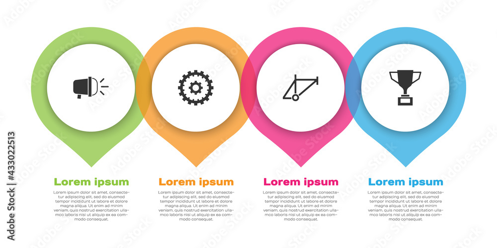 将自行车头灯、暗盒、框架和奖杯与自行车一起设置。商业信息图模板.Ve