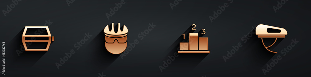 Set Bicycle pedal, helmet, Award over sports winner podium and icon with long shadow. Vector