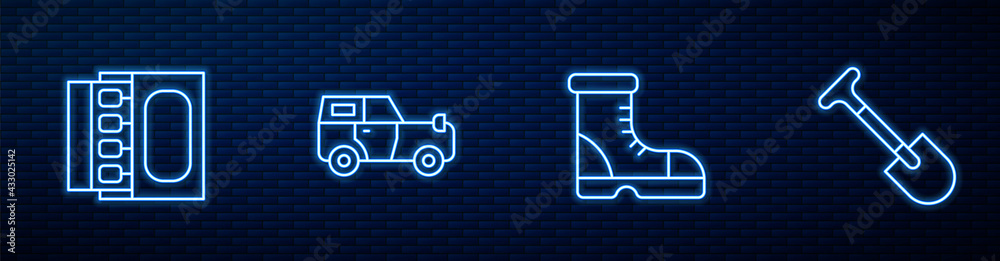 套装猎人靴、火柴盒和火柴、越野车和铲子。砖墙上闪闪发光的霓虹灯图标