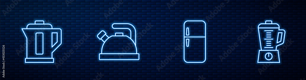 Set line Refrigerator, Electric kettle, Kettle with handle and Blender. Glowing neon icon on brick w