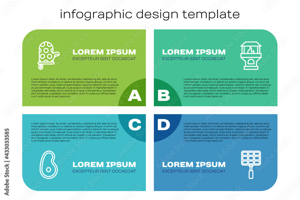 设定线牛排，烤箱手套，烧烤钢格栅和砖炉。商业信息图模板。