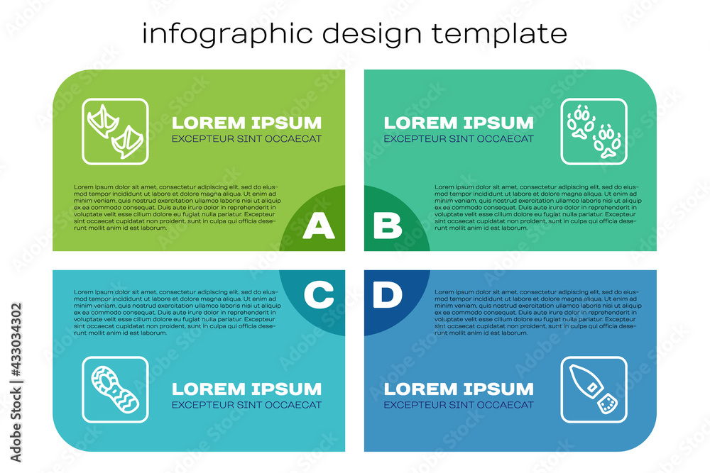 Set line Human footprints shoes, Seagull paw, and Fox. Business infographic template. Vector