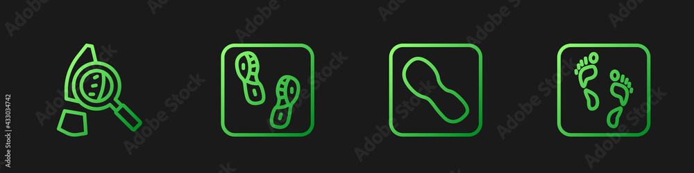 Set line Human footprints shoes, Magnifying glass with footsteps, and . Gradient color icons. Vector