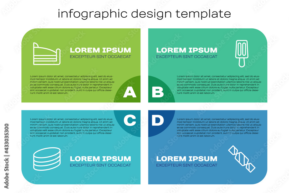 Set line Brownie chocolate cake, Piece of, Candy and Ice cream. Business infographic template. Vecto