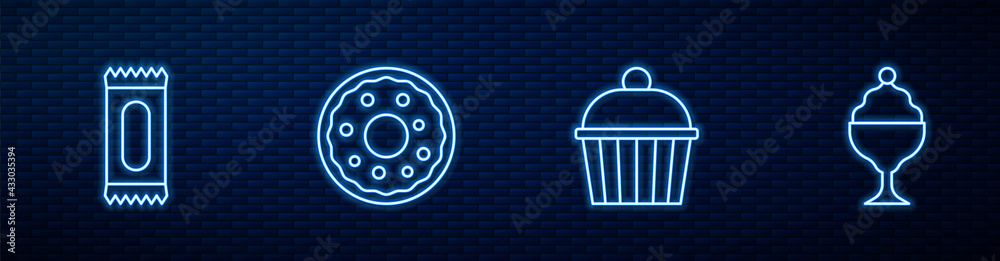 Set line Cake, Candy, Donut and Ice cream in bowl. Glowing neon icon on brick wall. Vector