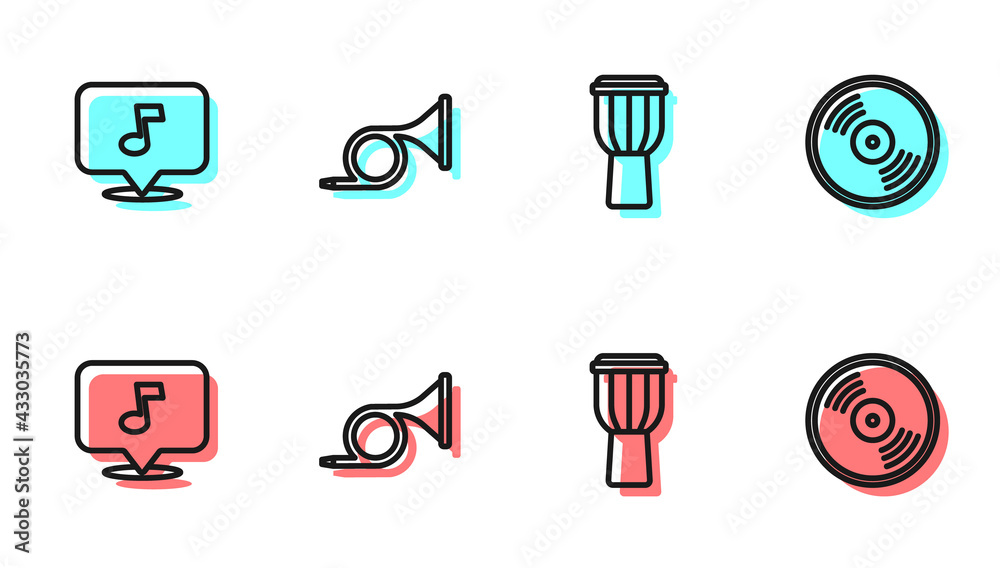 Set line Drum, Music note, tone, Trumpet and Vinyl disk icon. Vector