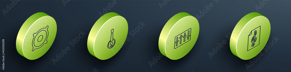 Set Isometric line Stereo speaker, Banjo, Sound mixer controller and Treble clef icon. Vector