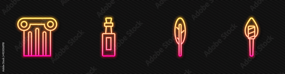 Set line Feather pen, Ancient column, Bottle of olive oil and Torch flame. Glowing neon icon. Vector