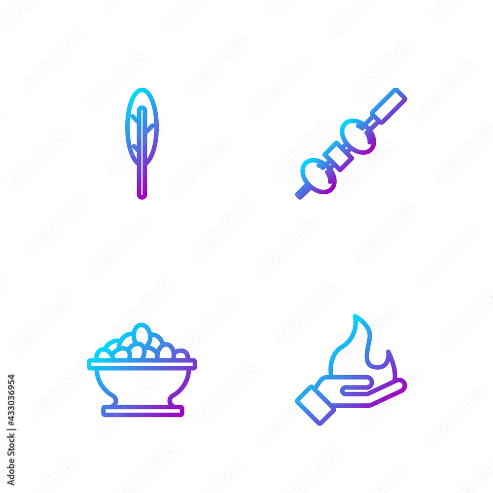 Set line Hand holding a fire, Olives bowl, Feather pen and cheese on chopstick. Gradient color icons