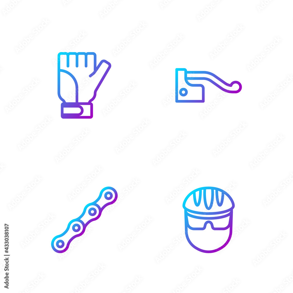 Set line Bicycle helmet, chain, Gloves and brake. Gradient color icons. Vector