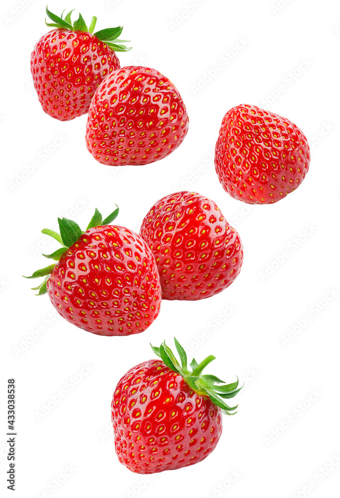 Strawberry isolated. Flying strawberries on white background. Falling strawberries on white. Side vi