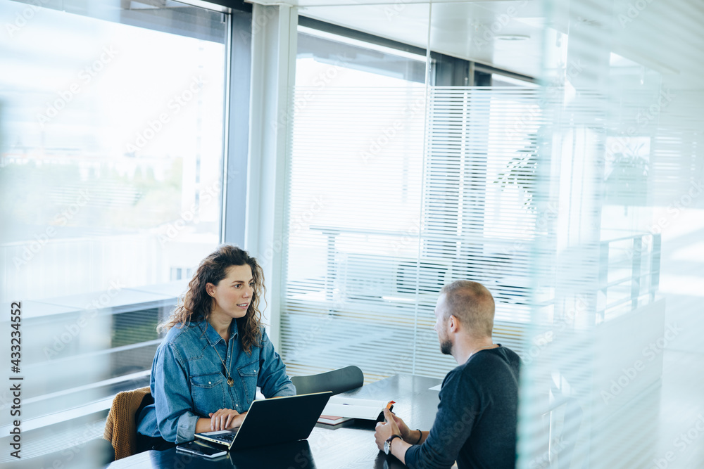 Businesswoman interviewing male job candidate