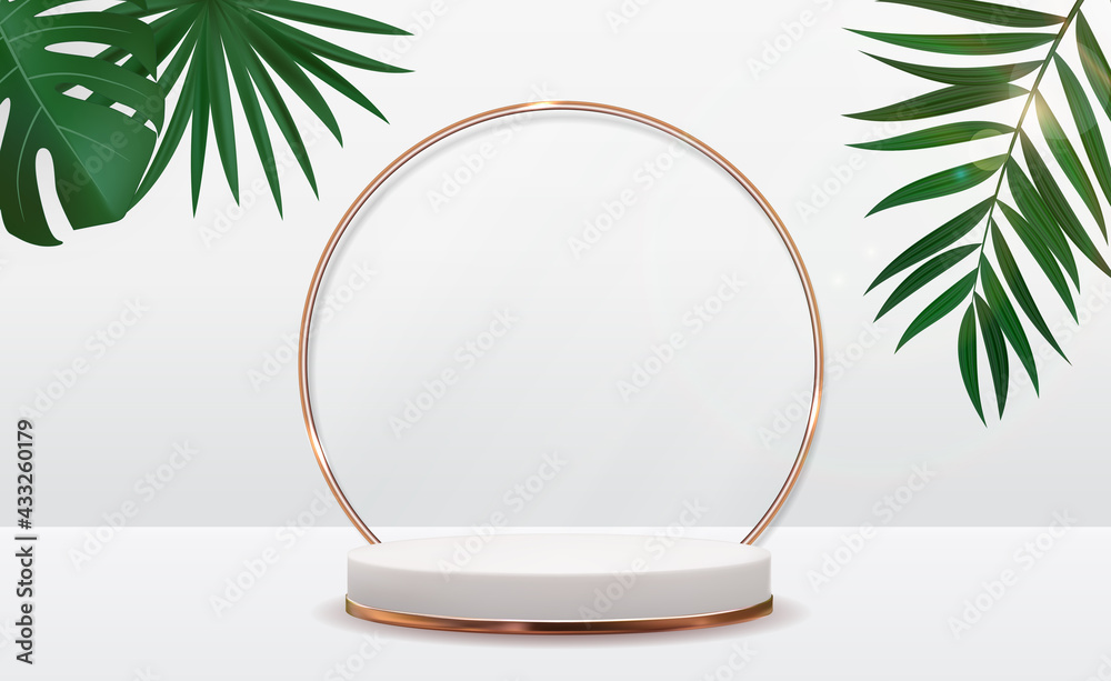 Realistic 3d pedestal over sunny background with palm leaf. Trendy empty podium display for ads cosm