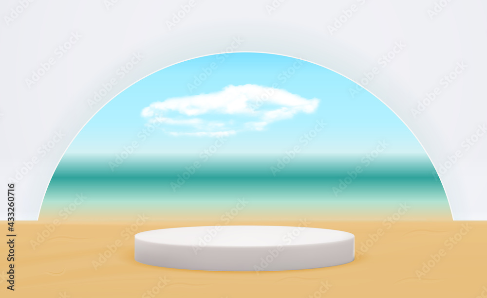 Realistic 3d pedestal over sunny beach background. Trendy empty podium display for ads cosmetic prod