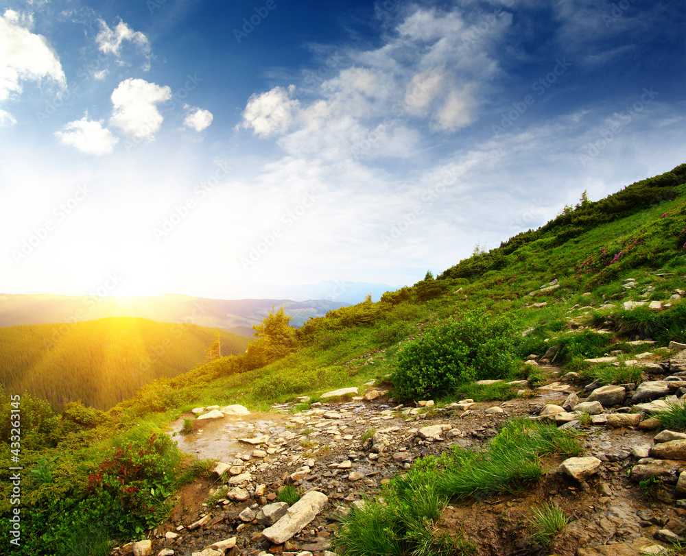 Mountain landscape on sun