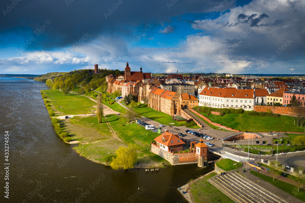 Grudziądz city over the Vistula River in the afternoon sun. Poland