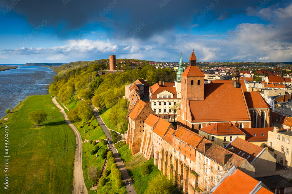 Grudziądz city over the Vistula River in the afternoon sun. Poland