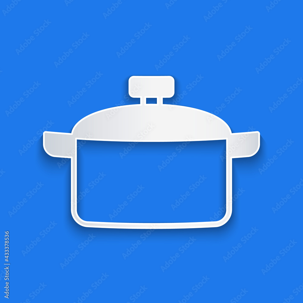 Paper cut Cooking pot icon isolated on blue background. Boil or stew food symbol. Paper art style. V