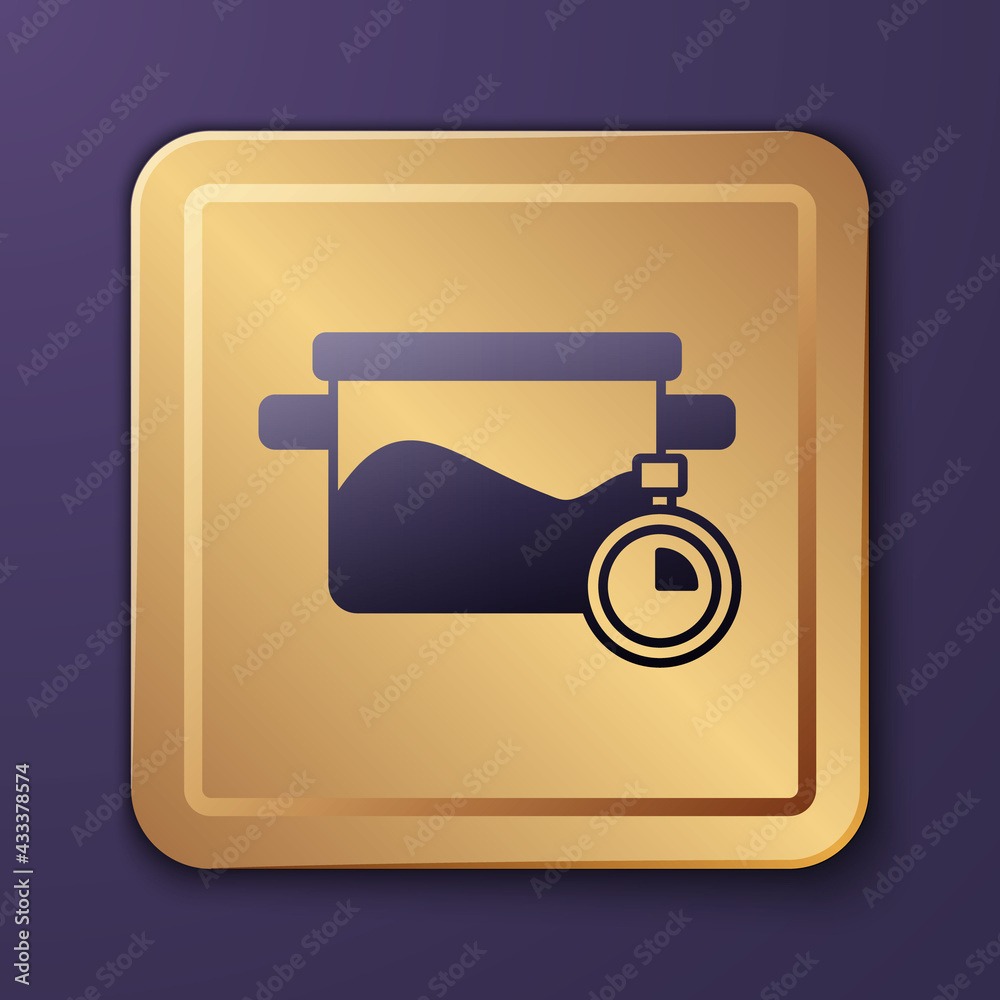 Purple Cooking pot icon isolated on purple background. Boil or stew food symbol. Gold square button.