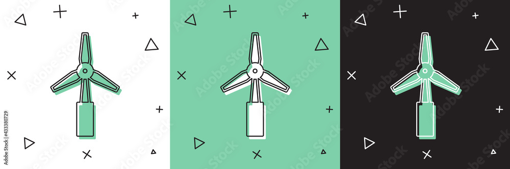 Set Wind turbine icon isolated on white and green, black background. Wind generator sign. Windmill f