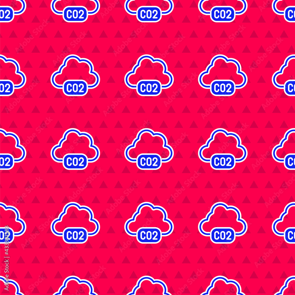 Blue CO2 emissions in cloud icon isolated seamless pattern on red background. Carbon dioxide formula