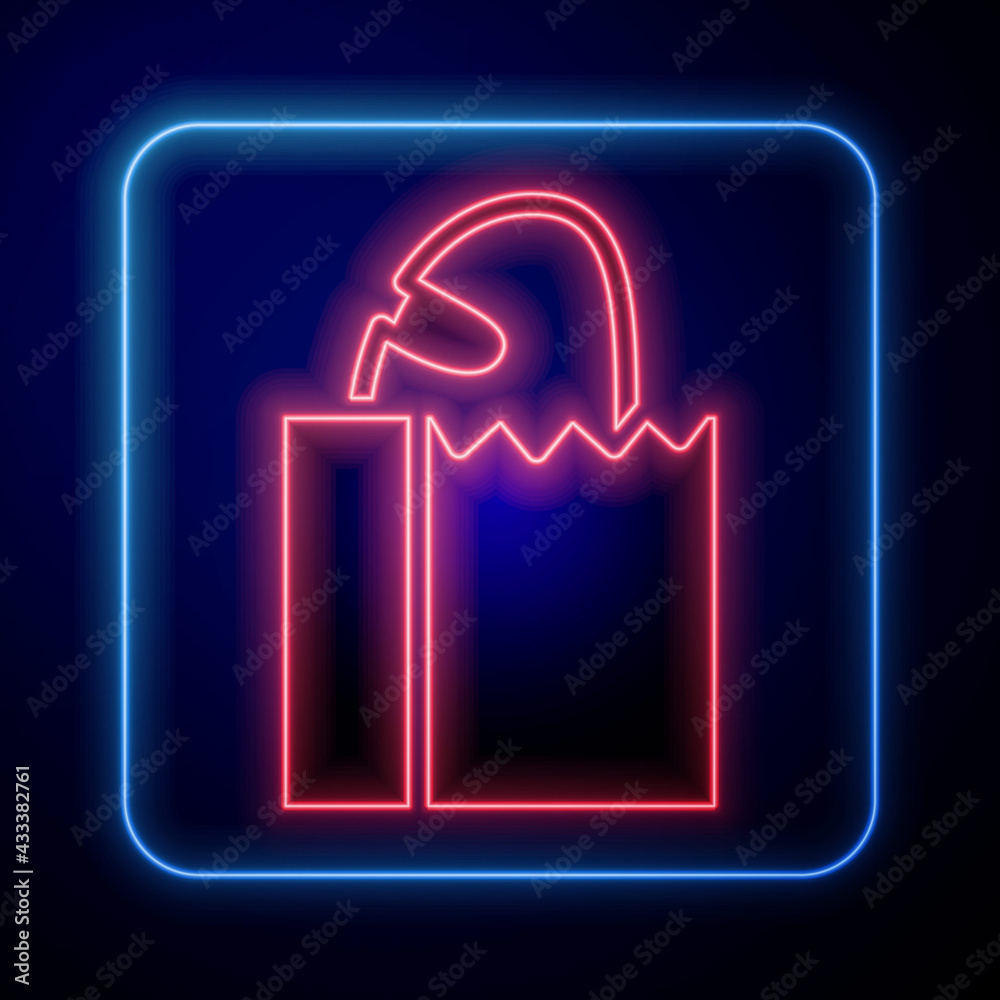 Glowing neon Paper bag with bread loaf icon isolated on black background. Vector