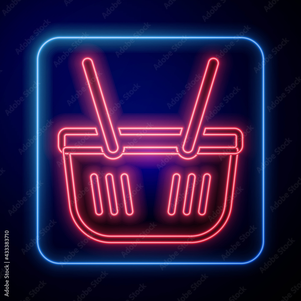 Glowing neon Shopping basket icon isolated on black background. Online buying concept. Delivery serv