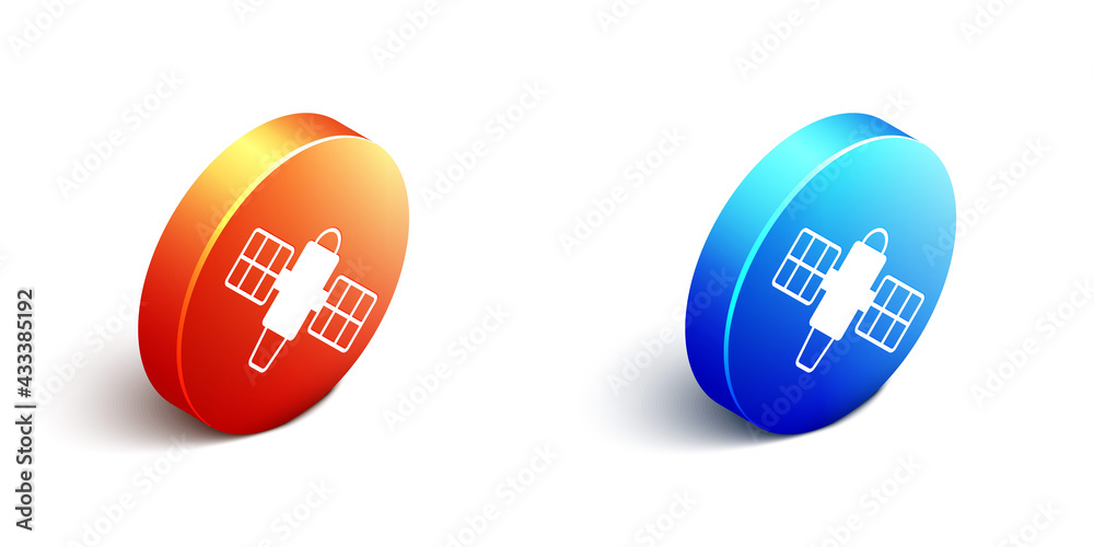 Isometric Satellite icon isolated on white background. Orange and blue circle button. Vector