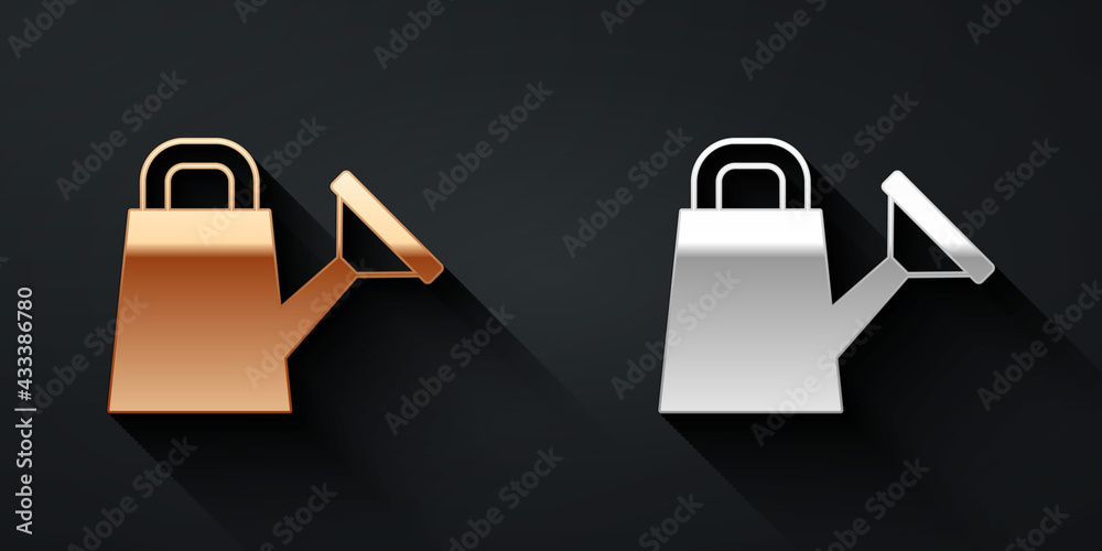 Gold and silver Watering can icon isolated on black background. Irrigation symbol. Long shadow style