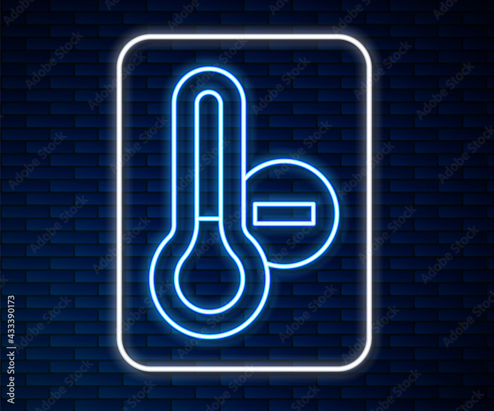 Glowing neon line Meteorology thermometer measuring icon isolated on brick wall background. Thermome