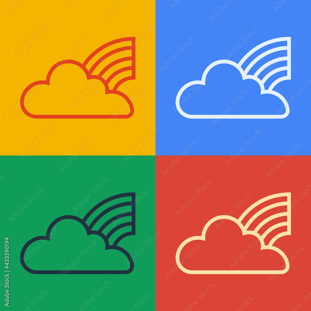 Pop art line Rainbow with clouds icon isolated on color background. Vector