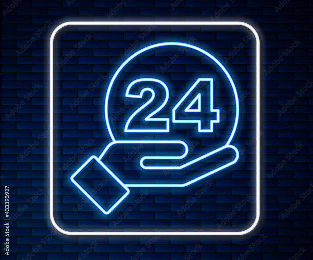 Glowing neon line Telephone 24 hours support icon isolated on brick wall background. All-day custome