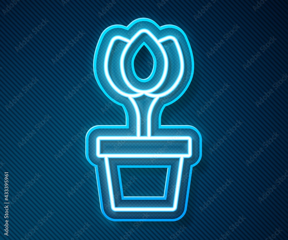 Glowing neon line Flower tulip in pot icon isolated on blue background. Plant growing in a pot. Pott