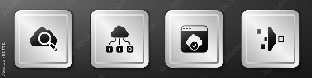 设置搜索云计算、云技术数据传输和过滤器设置图标。银色方块b