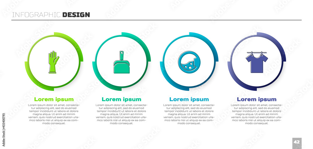 套装橡胶手套、除尘器、洗衣机和烘干衣物。商业信息图模板。Vector