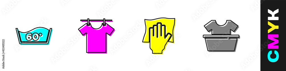 Set Temperature wash, Drying clothes, Cleaning service and Basin with shirt icon. Vector