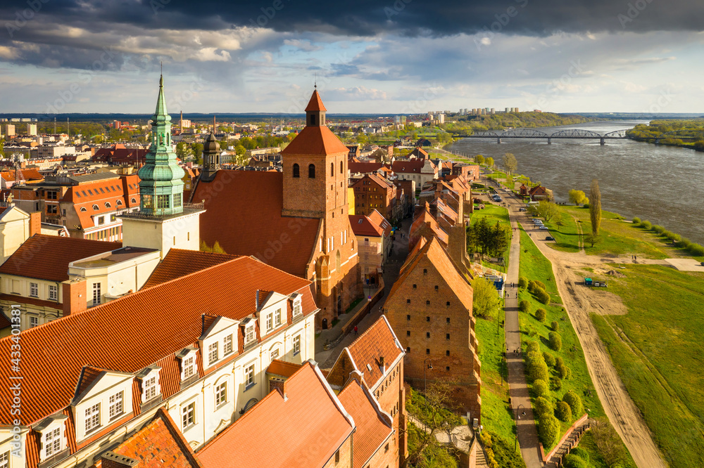 Grudziądz city over the Vistula River in the afternoon sun. Poland