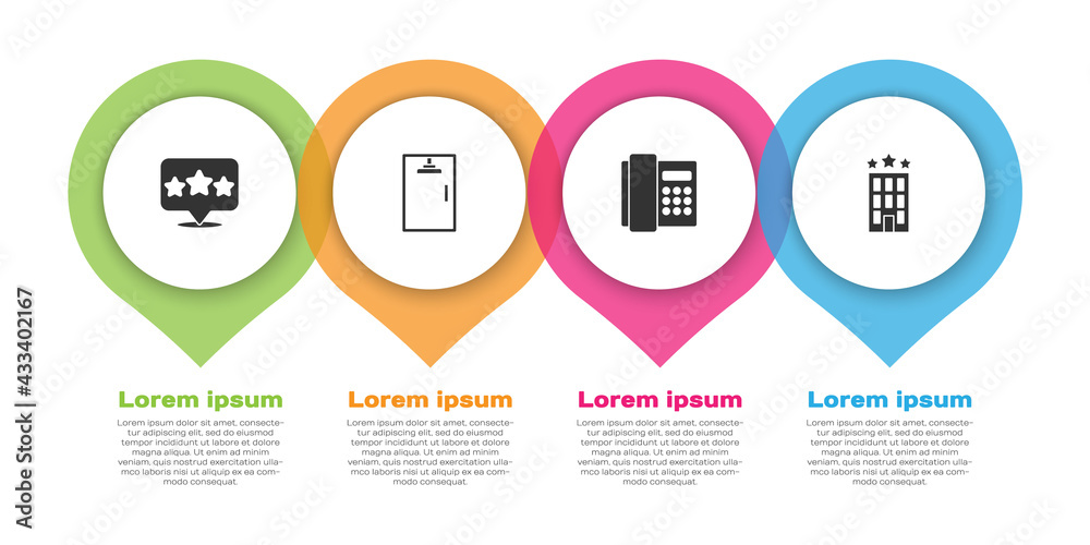 五星级评价、淋浴房、手机和酒店建筑。商业信息图