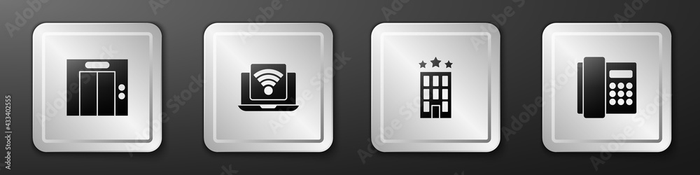 设置电梯、无线笔记本电脑、酒店大楼和电话听筒图标。银色方形按钮。矢量