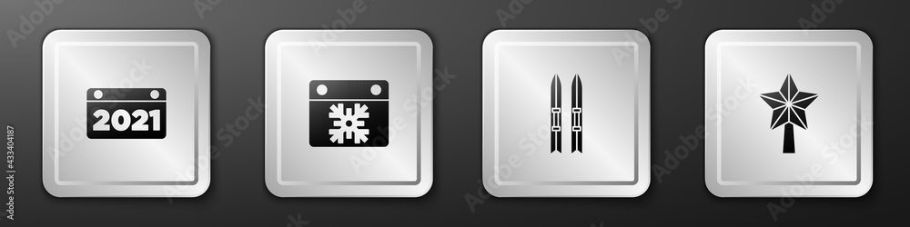 Set Calendar, , Ski and sticks and Christmas star icon. Silver square button. Vector