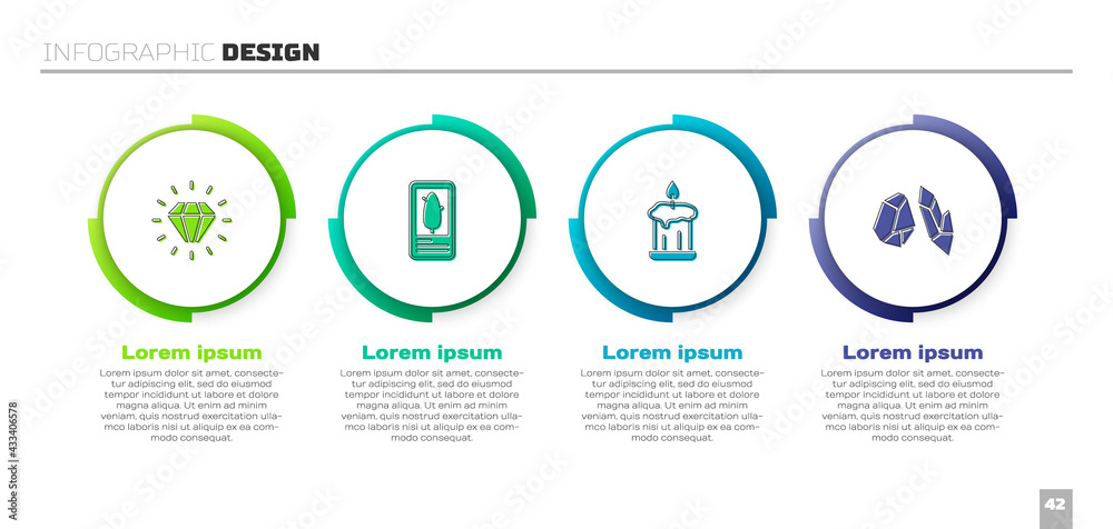 套装钻石、塔罗牌、燃烧蜡烛和魔法石。商业信息图模板。矢量