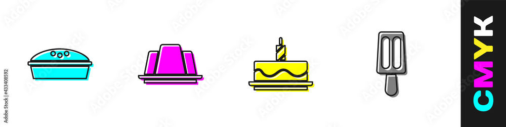 设置自制馅饼、果冻蛋糕、带燃烧蜡烛的蛋糕和冰淇淋图标。矢量