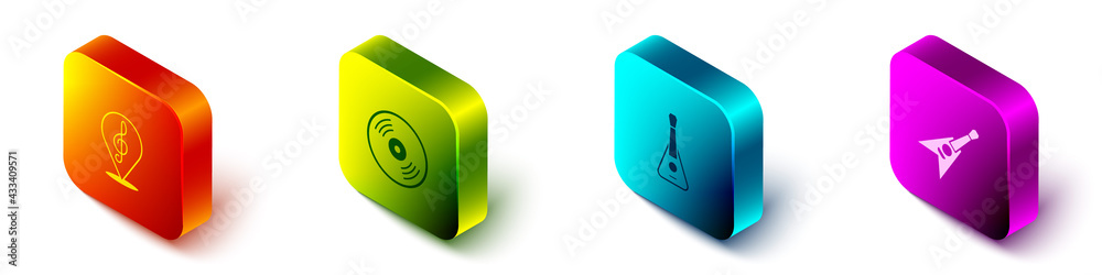 Set Isometric Treble clef, Vinyl disk, Guitar and Electric bass guitar icon. Vector