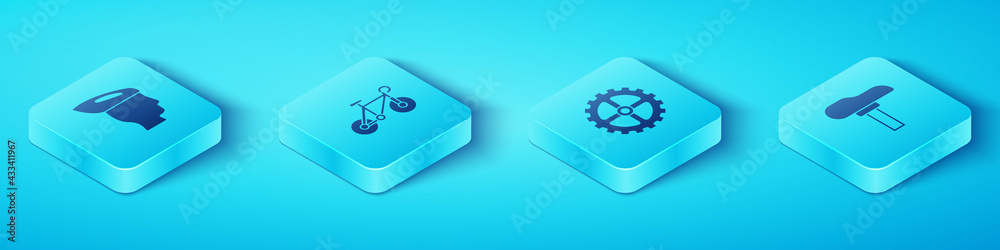 Set Isometric Bicycle helmet, , seat and sprocket crank icon. Vector