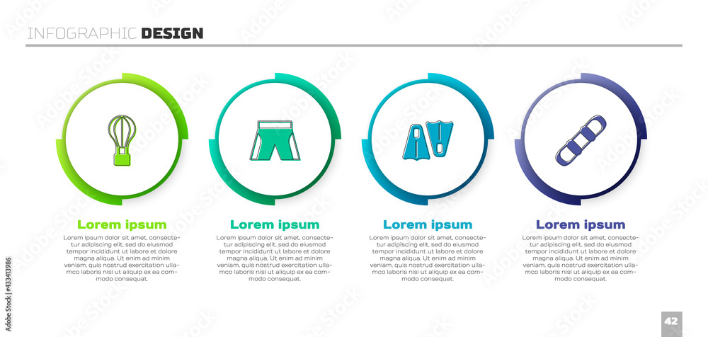 设置热气球，短裤或裤子，游泳和滑雪板用橡胶脚蹼。商业信息图