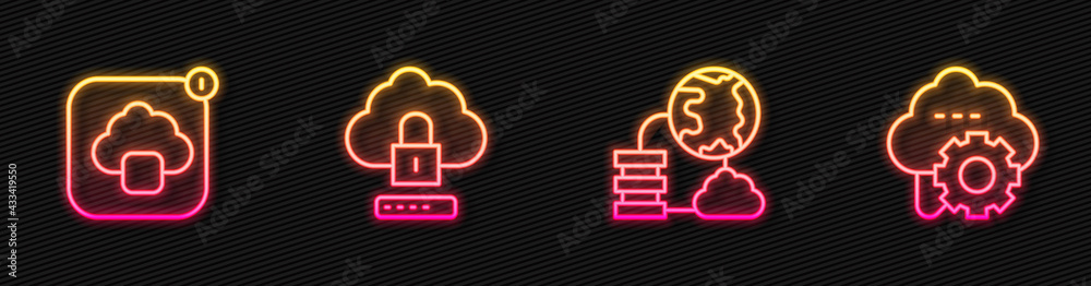 Set line Network cloud connection, Cloud technology data transfer, computing lock and . Glowing neon