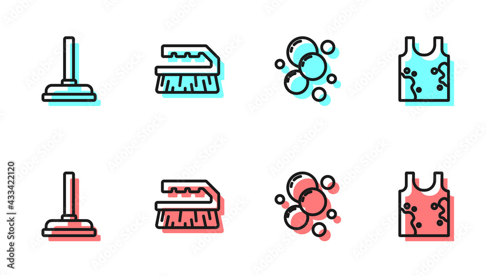 Set line Soap water bubbles, Rubber plunger, Brush for cleaning and Dirty t-shirt icon. Vector