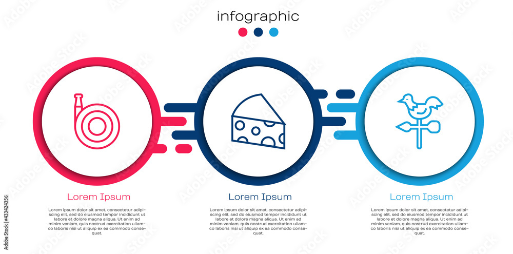 设置线花园软管，奶酪和公鸡风向标。商业信息图模板。矢量