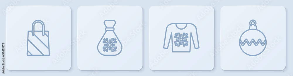 套装圣诞购物袋、毛衣、圣诞老人礼物和球。白色方形按钮。矢量